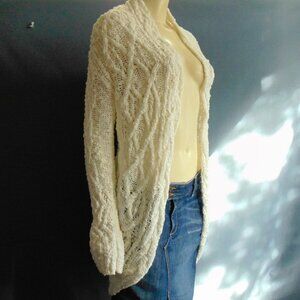 Anthropologie Knitted & Knotted Ivory Boucle Cotton Blend Pom Pom Cardigan Sm